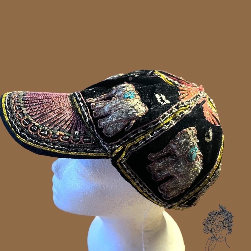 Embroidered Elephant Black Cap